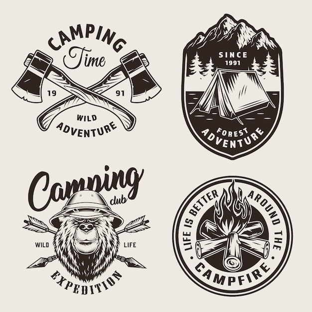 Free vector vintage monochrome camping logos