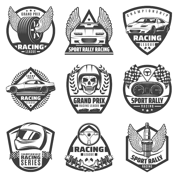 Free Vector vintage monochrome car racing labels set with fast vehicles automobile parts skull helmet finish flags isolated