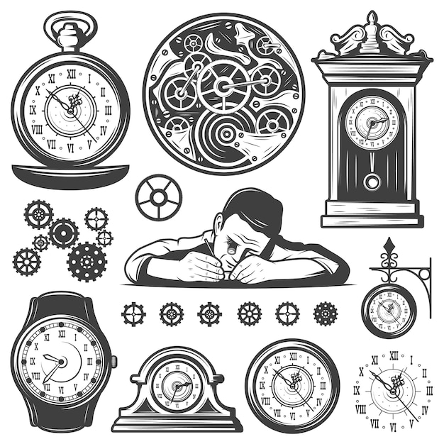 Free vector vintage monochrome clocks repair elements set