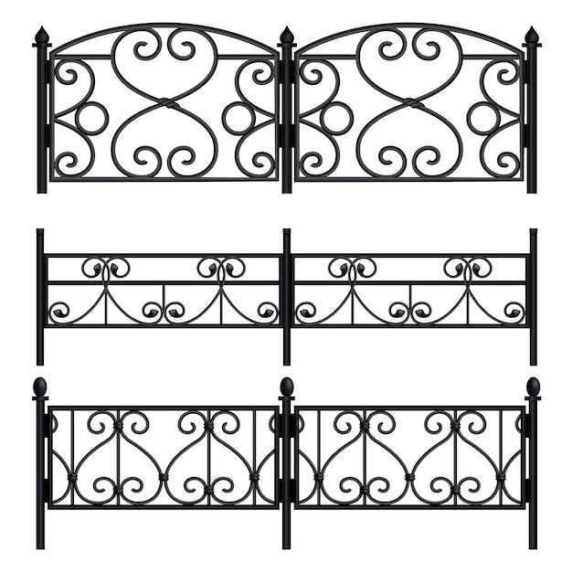 Free vector vintage monochrome collection of wrought iron fence and railing with swirls isolated on white background realistic vector illustration