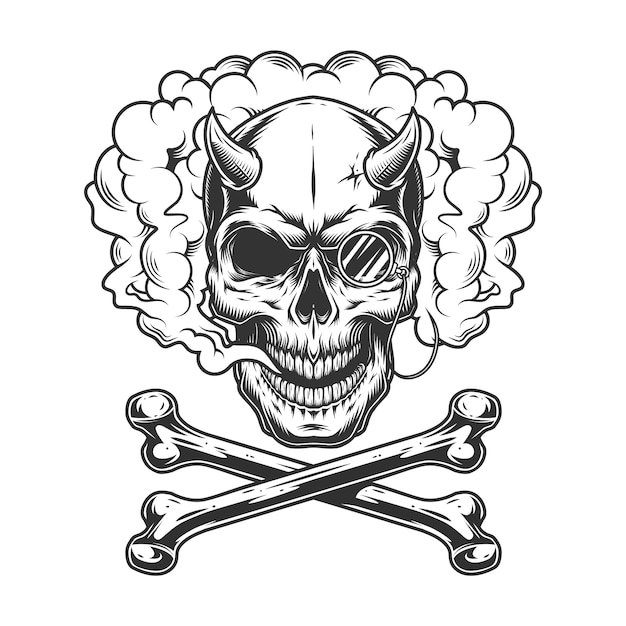 Free vector vintage monochrome demon skull with pince-nez