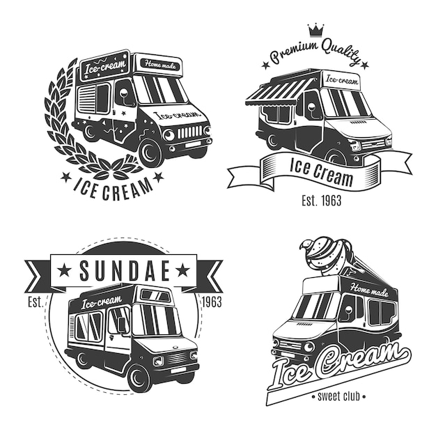 Free vector vintage monochrome food trucks labels set