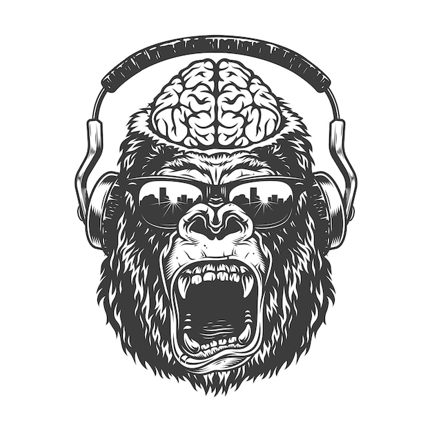 Free vector vintage monochrome gorilla with headphones.