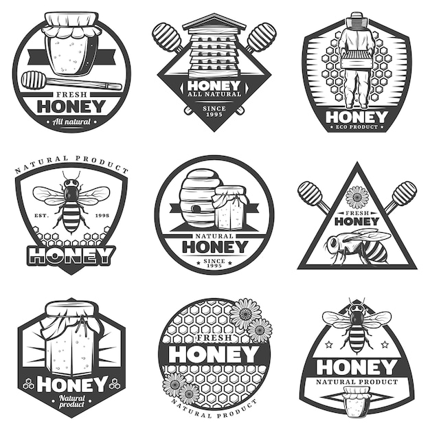 Free Vector vintage monochrome honey labels set with hive beekeeper sticks bee flowers jars honeycombs isolated