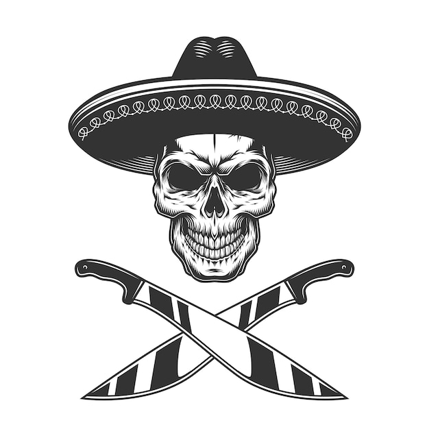 Free Vector vintage monochrome mexican skull in hat