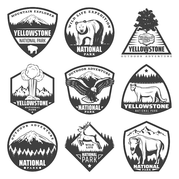 Free Vector vintage monochrome national park labels set with inscriptions rare animals trees mountains exploding geyser isolated