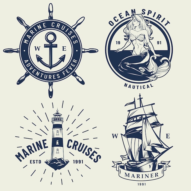 Free Vector vintage monochrome nautical logos set