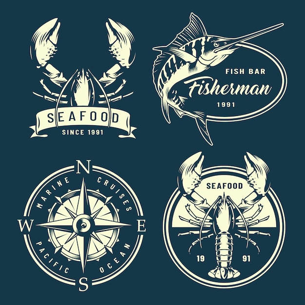 Free Vector vintage monochrome nautical and marine labels