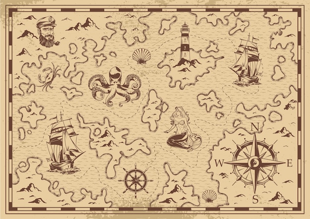 Free Vector vintage monochrome old pirate treasure map