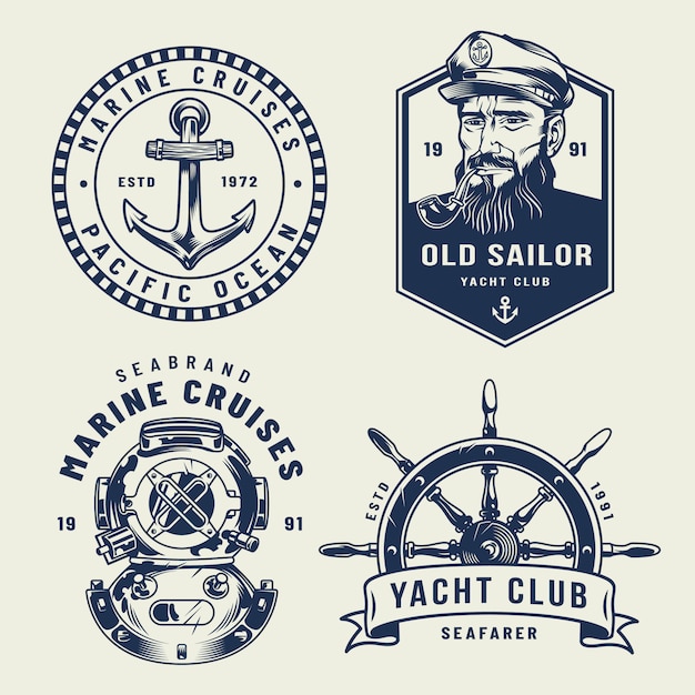 Free vector vintage monochrome sea and marine labels