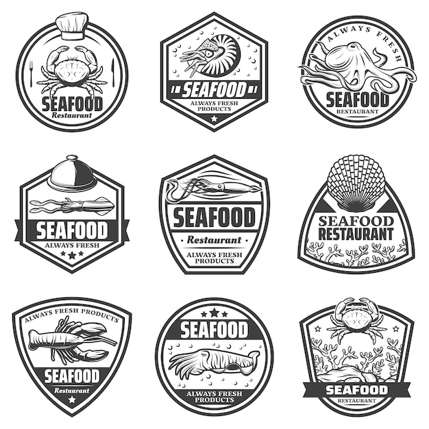 Free Vector vintage monochrome seafood labels set with crab shrimp octopus squid cuttlefish seashells lobster isolated