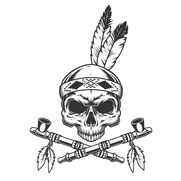 Free Vector vintage monochrome skull with indian feathers