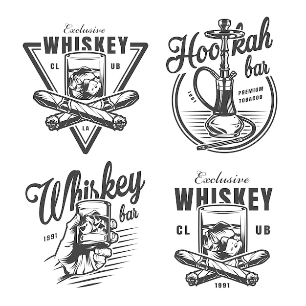 Free Vector vintage monochrome whiskey bar emblems