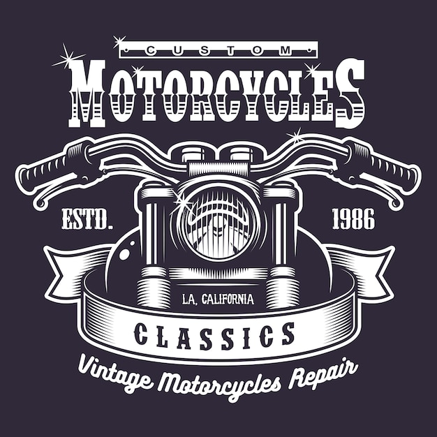 Free vector vintage motorcycle print. monochrome on dark background