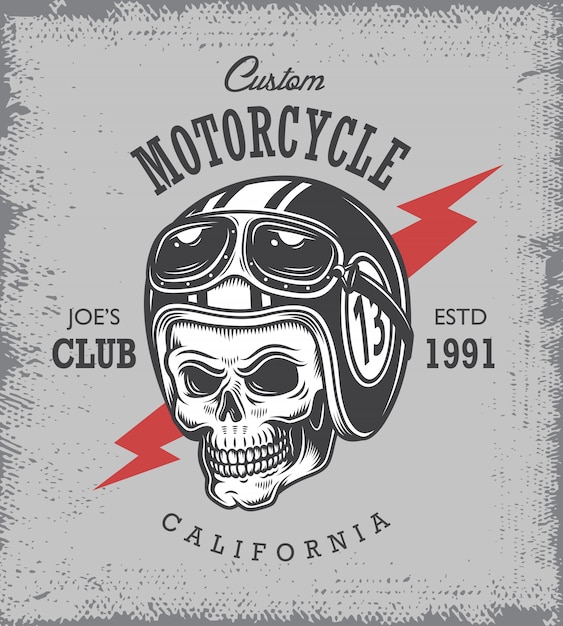 Vintage motorcycle print with skull in motorcycle helmet on grange background.