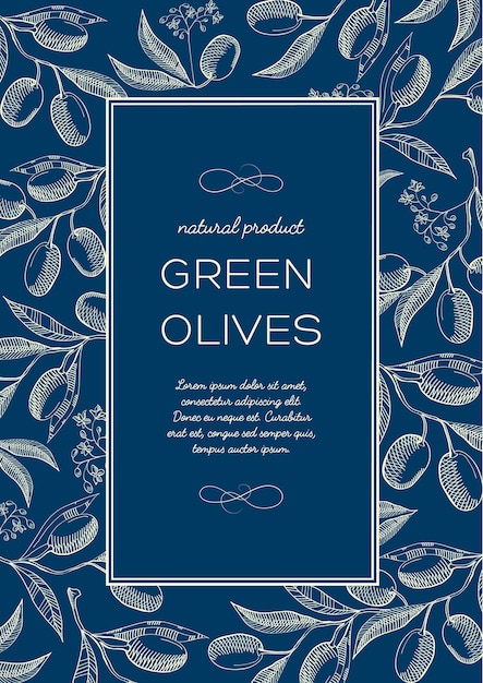 Free vector vintage natural blue poster with text in frame and green olives branches in sketch style