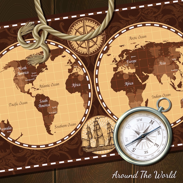 Free Vector vintage nautical map compass background