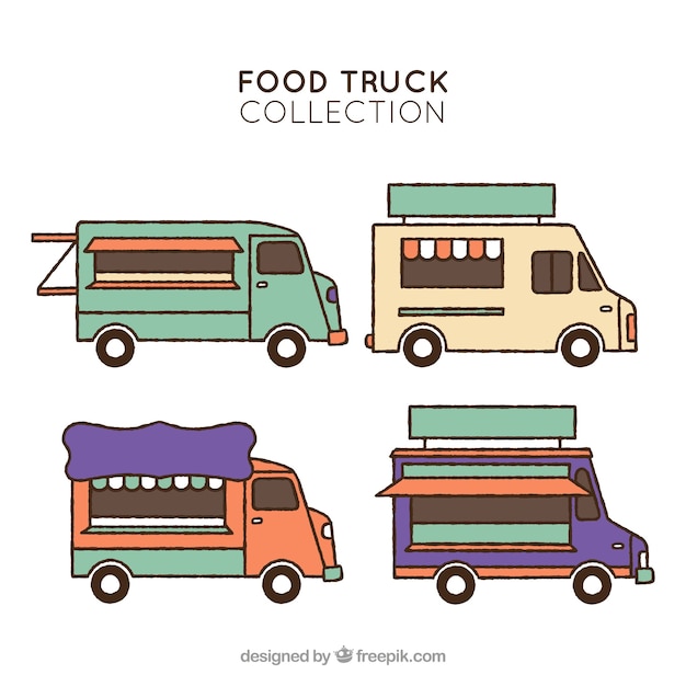 Free Vector vintage pack of hand drawn food trucks