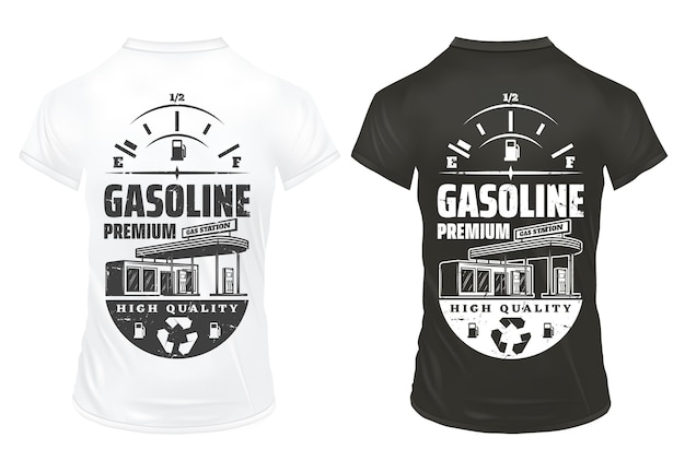 Free vector vintage petrol prints on shirts set with inscription fuel gauge and gas station isolated