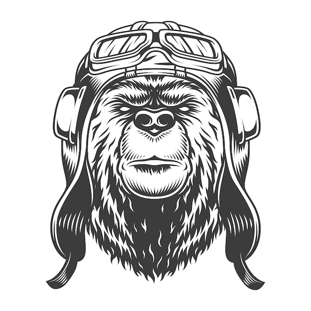 Free Vector vintage pilot bear head in helmet in monochrome style isolated vector illustration