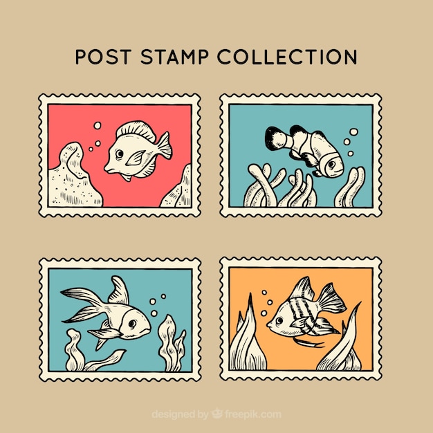 Free vector vintage post stamps with fishes