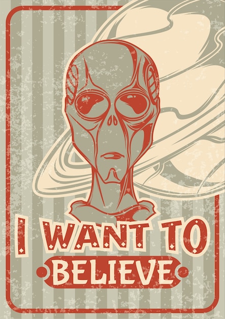 Free Vector vintage poster with illustration of an alien and a retro pattern on background.