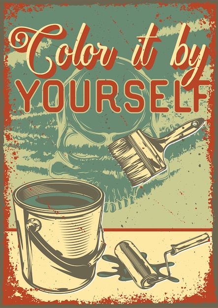 Free vector vintage poster with illustration of a bucket with paint and brushes