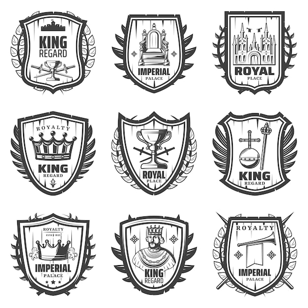 Free vector vintage royal coat of arms set with king sword palace crown monarchy orb scepter trumpet throne regard isolated