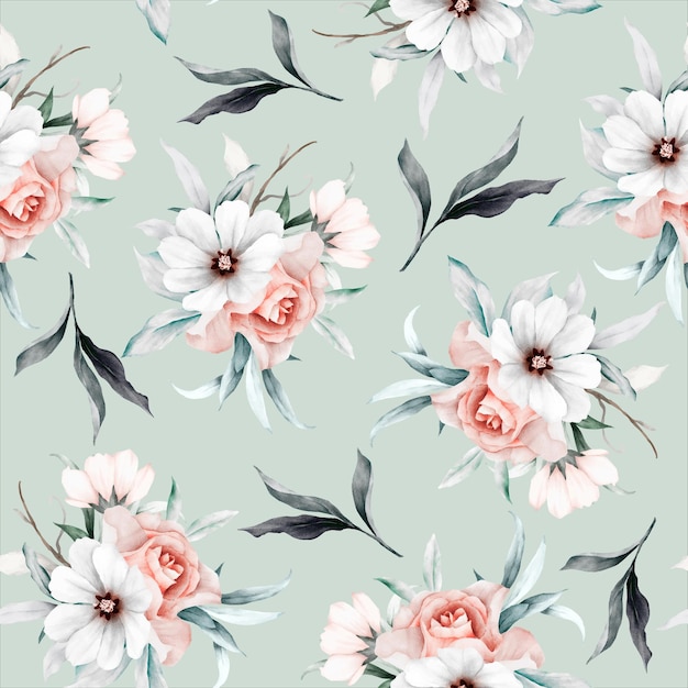 Free Vector vintage seamless pattern of beige roses with leaves and flowers