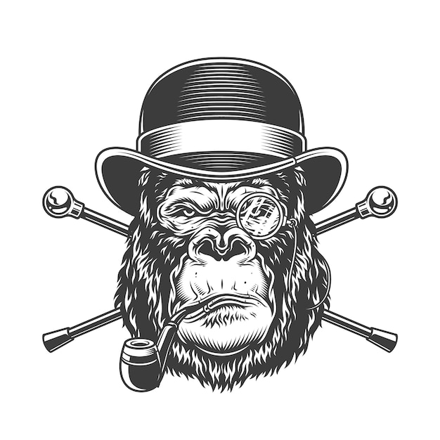 Free Vector vintage serious gorilla head smoking pipe