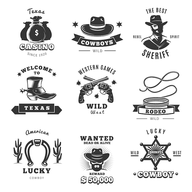 Free Vector vintage sheriff logo set with texas casino cowboys wild welcome to texas descriptions