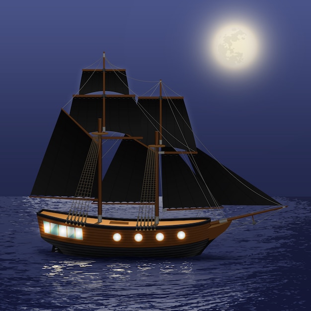 Free Vector vintage ship with black sails at night sea background