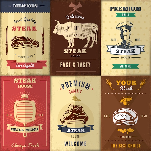 Free Vector vintage steak house posters set