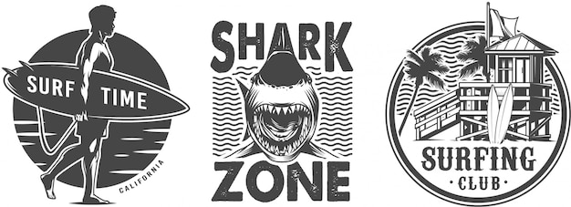 Vintage surf logos monochrome set