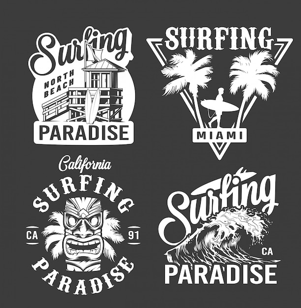 Free vector vintage surf monochrome emblems