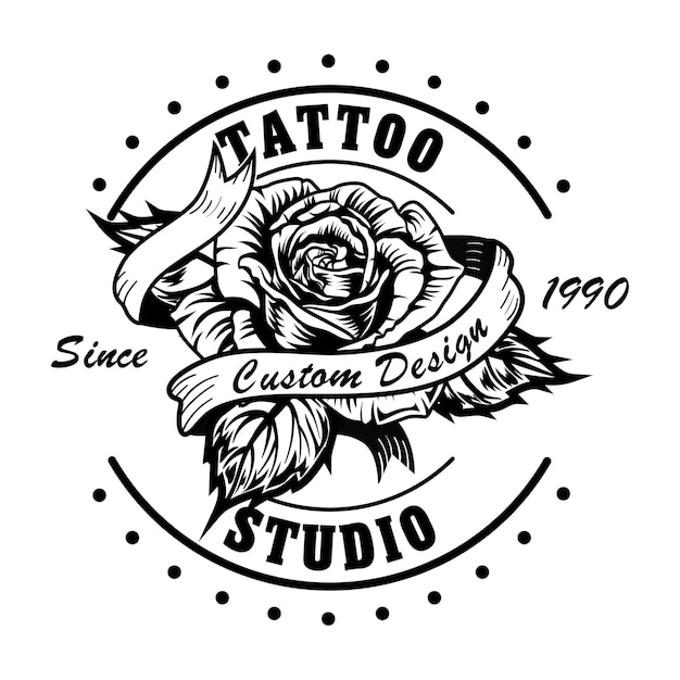 Free vector vintage tattoo studio logo with rose vector illustration. black and white flower with tape