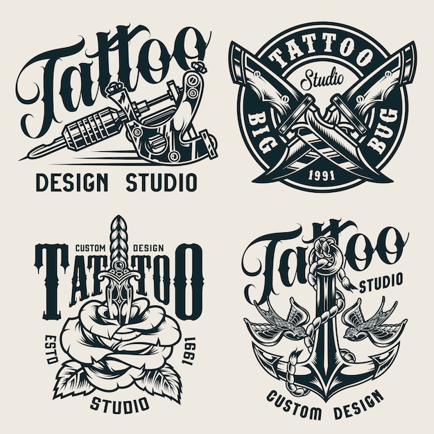 Free Vector vintage tattoo studio monochrome labels