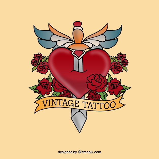 Free Vector vintage tattoo with a dagger on the heart