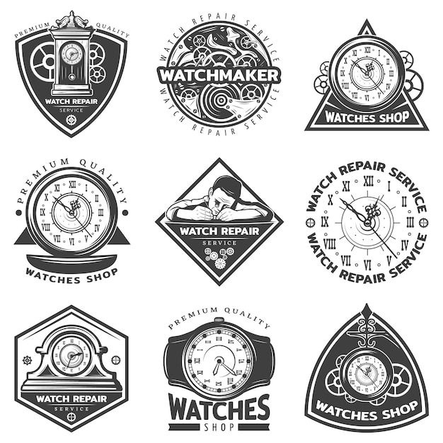 Free vector vintage watches repair service labels set