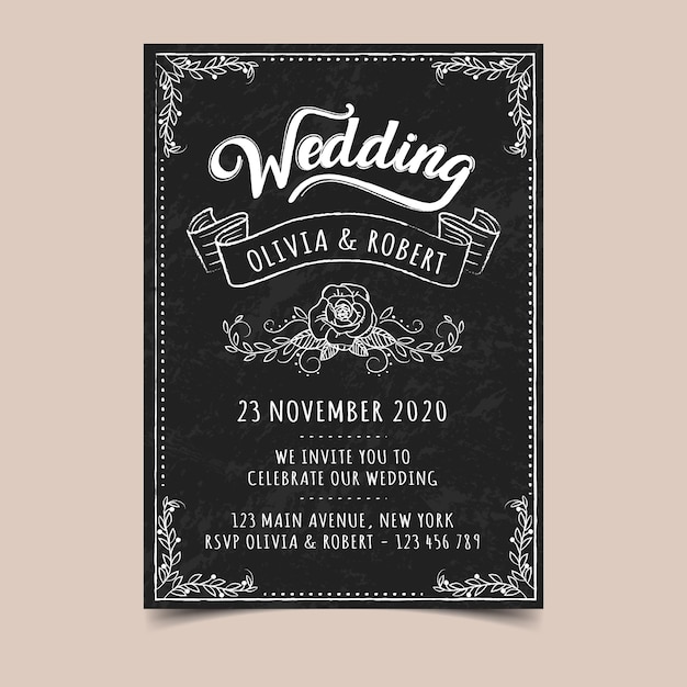 Vintage wedding invitation template on blackboard