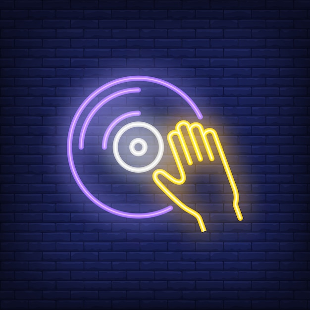 Free Vector vinyl disk with hand neon sign