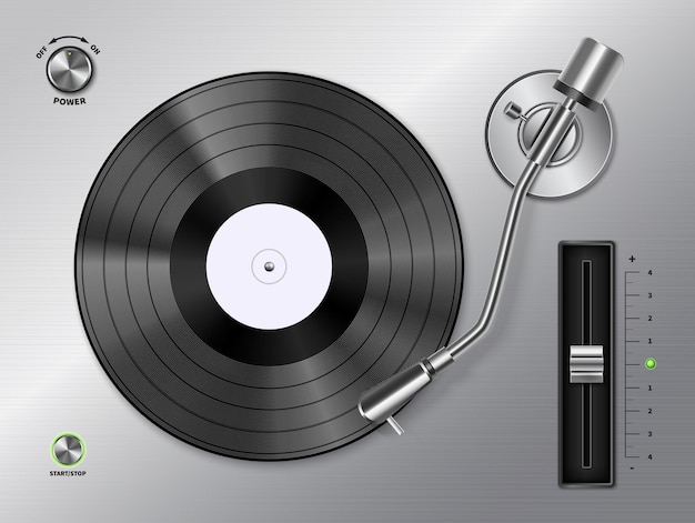 Vinyl record disc playing on turntable player closeup top view realistic black white retro image