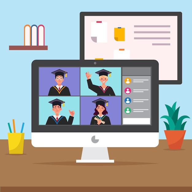 Virtual graduation ceremony with computer