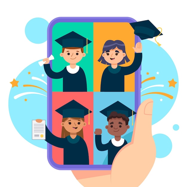 Free Vector virtual graduation ceremony with students in robes