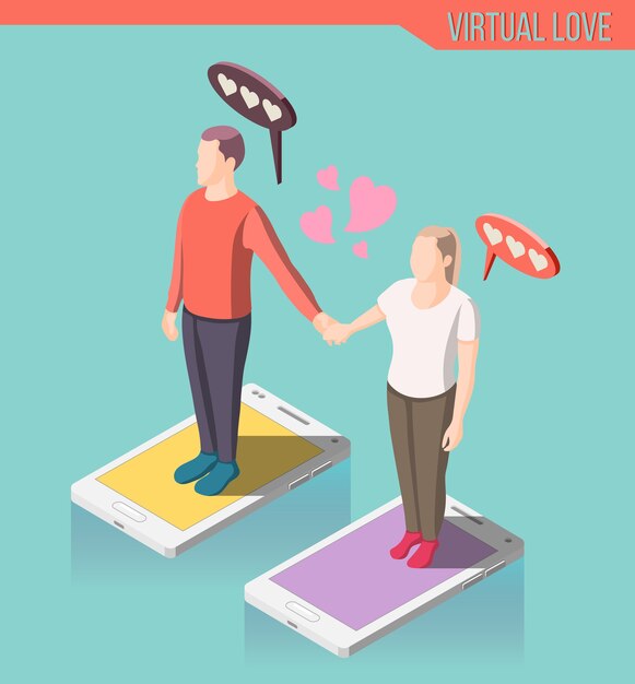 Virtual love isometric composition, man and woman standing on smart phone screen and holding hands