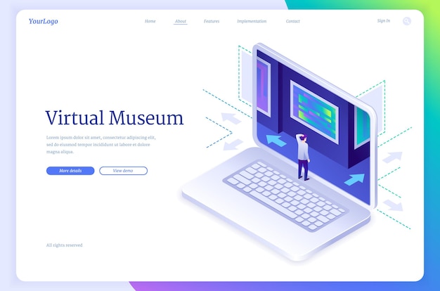 Virtual museum isometric landing page, exhibition