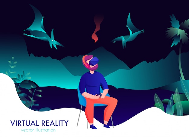 Free vector virtual reality composition with man in goggles watching flying dinosaurs cartoon