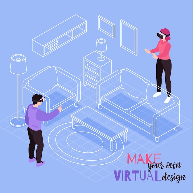 Free Vector virtual reality room furnish design isometric composition with visual 3d ar furniture configuration