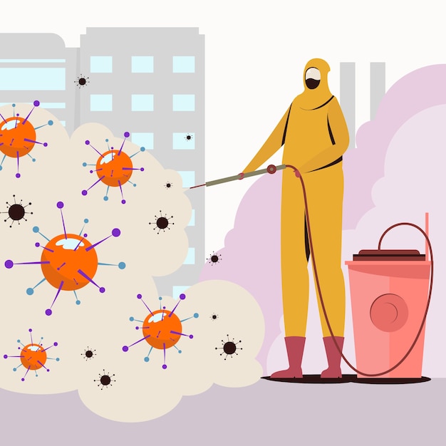 Free Vector virus disinfection with man in yellow hazmat suit