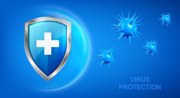 Virus protection background with shield and bacteria piked cells flying on blue background